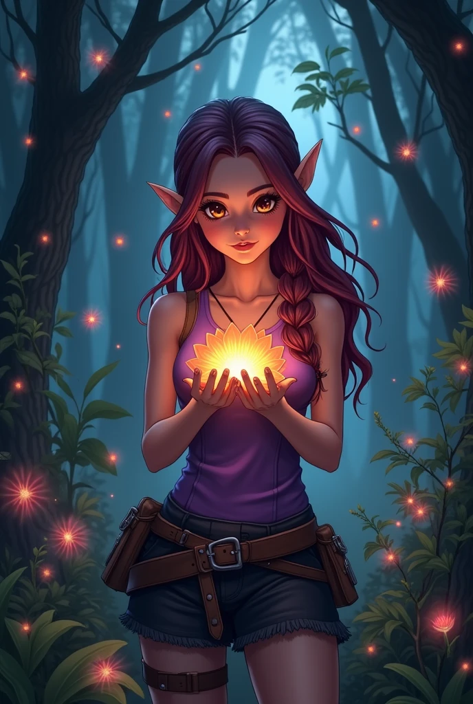 beautiful elf woman, in the dark forest, wearing purple top and adventurer clothes, burgundy layered hair, brown eyes, admiring a glowing flower in the forest, fireflies around her. Make it in anime.
