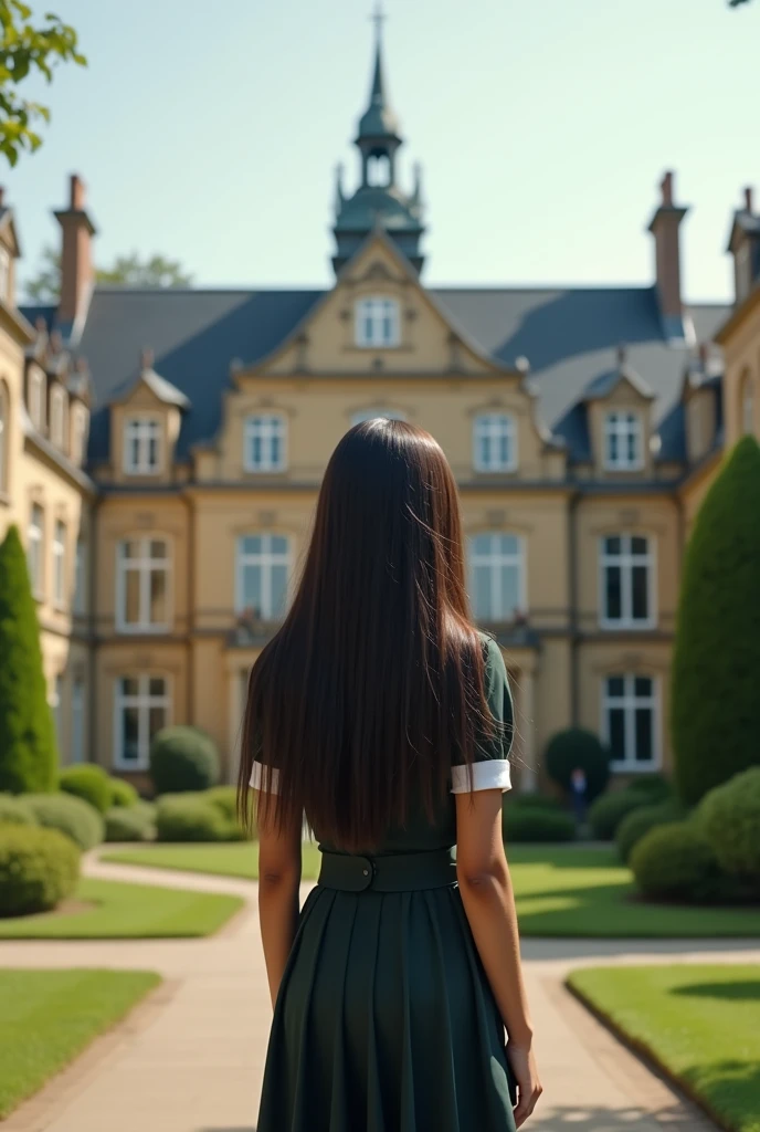 Panoramic photo of small English-style learning institute, a teenager with her back turned, with elegant high-class school uniform, Very long hair, Waist length hair, dark brown, brown skin, latina seaArt style