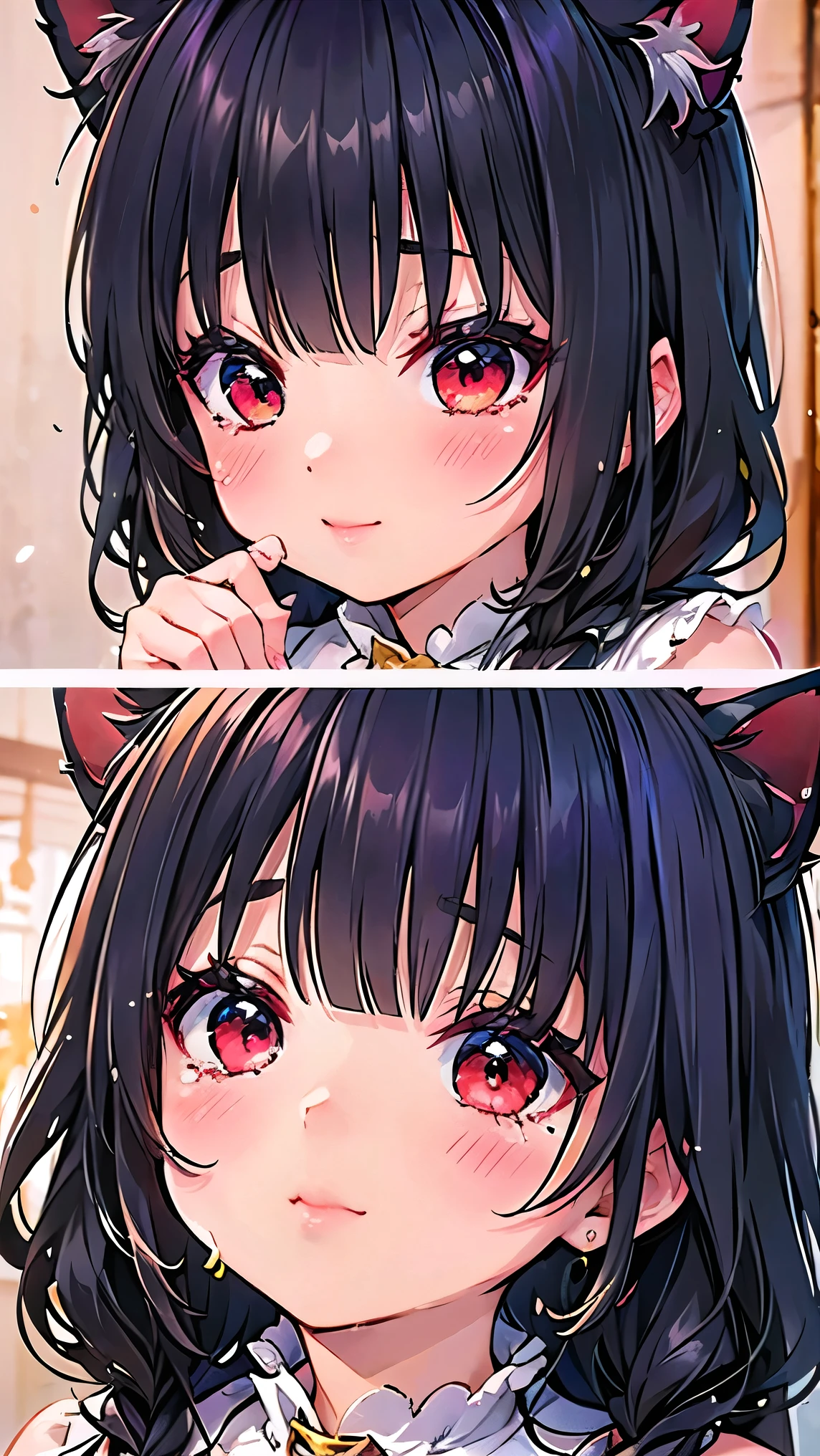 (junkotvv cat ears, red eyes, black hair) Close-up of a person with tears running down their cheeks.。Shoot to make emotions visible、super masterpiece、detailed、very pretty girl、、movie scenes、