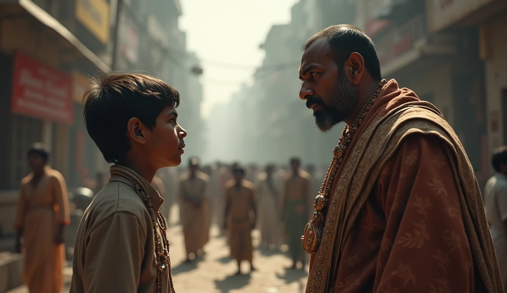 A poor boy looking at Rich man with the hope of help. But the rich man avoids eye contact with the boy  Indian. 
