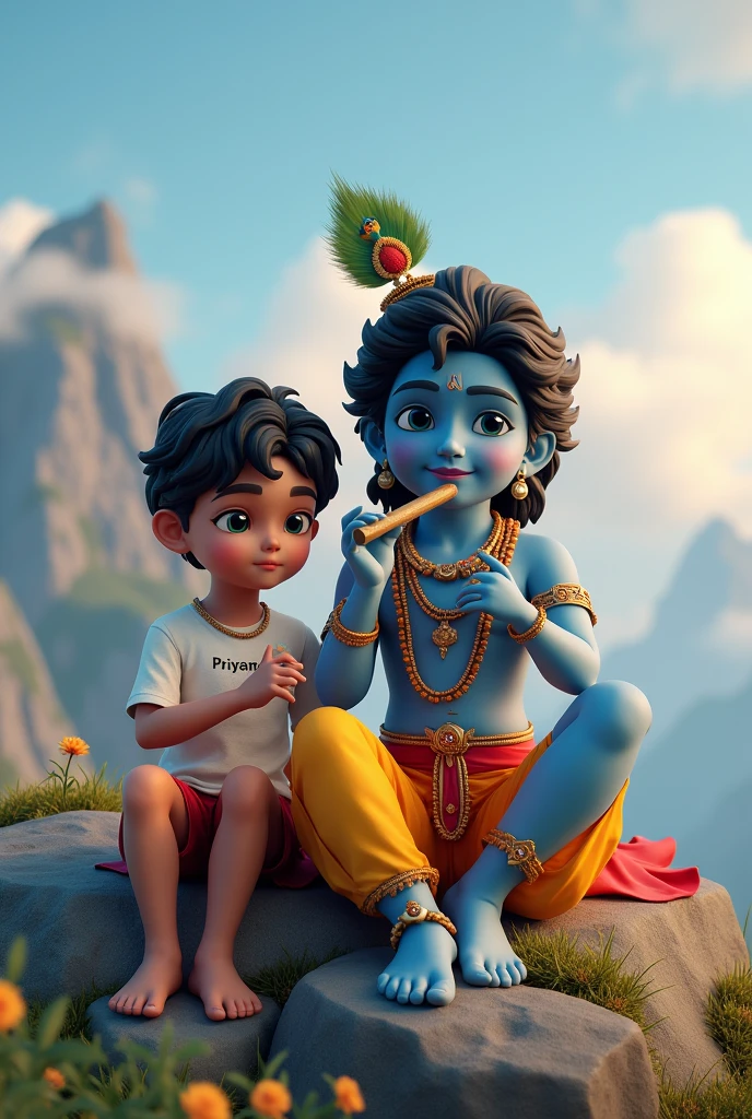 create a 3d image of 18year old Indian devotional boy who is sitting next to krishna ji and Krishna ji playing the flute, they both sit together on the mountain,boy wearing T-shirt Name "Priyam" written on it, heaven like beautiful view background, peacock dancing,realistic image and boy is in barefoot.