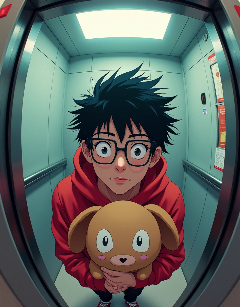 Do a fish eye photo of a guy with square glasses and messy hair, with a red hoodie, showing a kuromi plushie from sanrio in hand in an elevator in realistic anime style