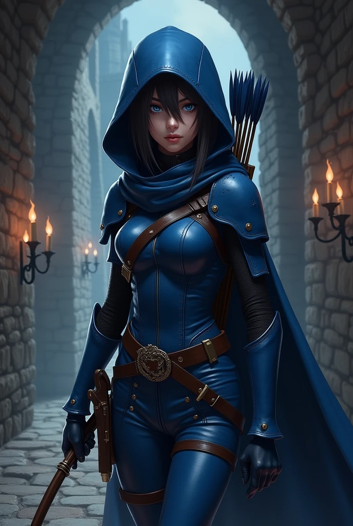 The spy girl, holds a war bow, Quiver of arrows behind your back, blue leather armor, Leather corset, gloves, Hood, Leather belt, Blue eyes, anime, dark drawing, dark corridor of the castle, Middle Ages, intrigue