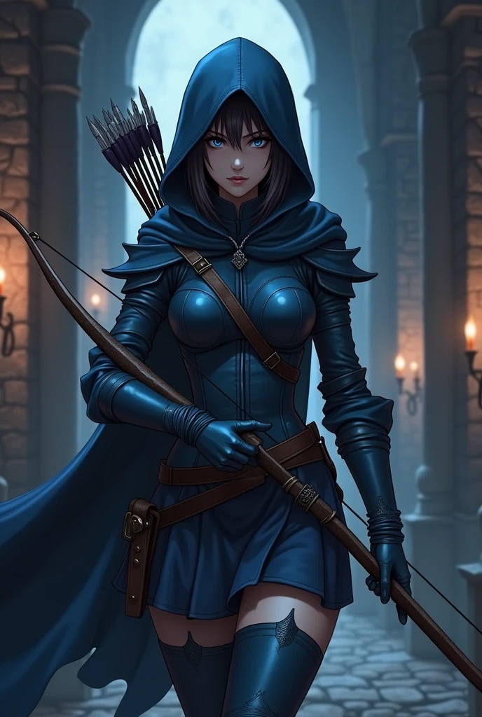 The spy girl, holds a war bow, Quiver of arrows behind your back, blue leather armor, Leather corset, gloves, Hood, Leather belt, Blue eyes, anime, dark drawing, dark corridor of the castle, Middle Ages, intrigue
