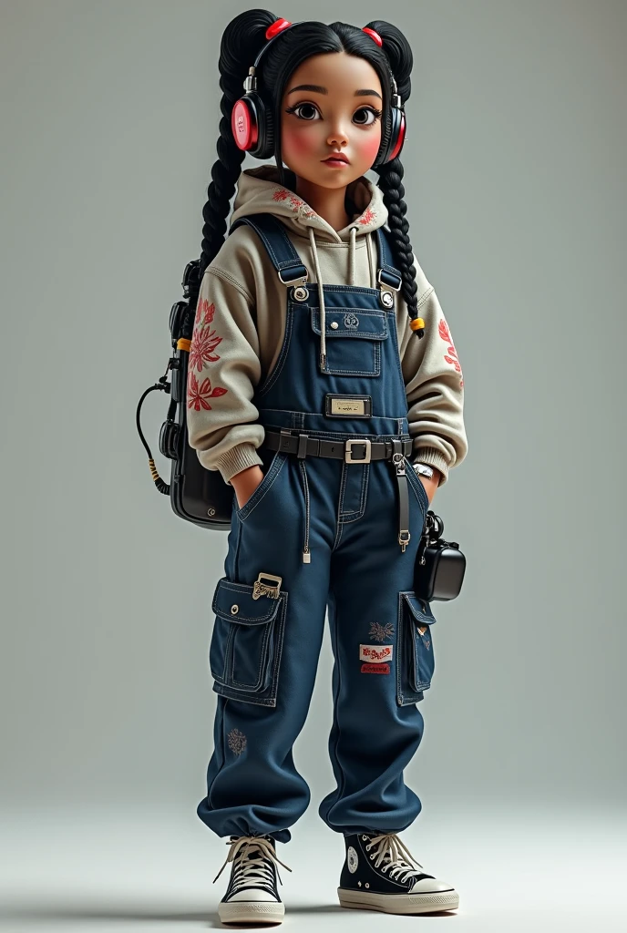 我想要one人卡通人物。one，Height 150cm，There are two long and handsome black braids，Head-mounted high-tech style headphones。Wearing dark blue overalls and a floral sweatshirt，There are many cool accessories on the overalls。Wearing a pair of black canvas shoes。看似是one小朋友，但实际是one满级大佬。Show with a cool atmosphere。Make the task less cute