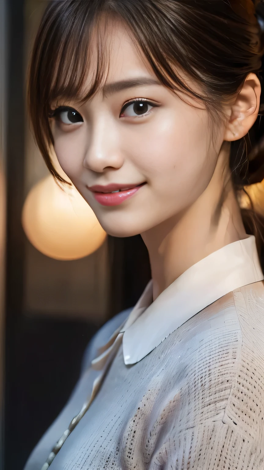 (8k, Highest quality, Genuine、 Ultra-high resolution:1.5),Beautiful Japanese Woman, ((Cute Smile)),（Updo）, (big collar shirt), Profile of a person peering into the photo, Close-up shot of face、