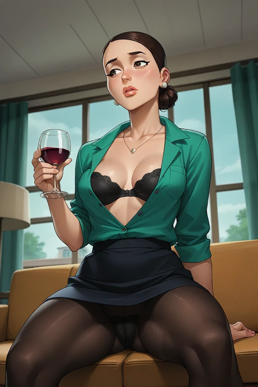 Debbie Grayson, sitting on the couch, sad, office clothes, open legs, unbuttoned shirt, sexy black bra, sexy black panty, black thigh high pantyhose, Drinking wine, in a house, POV: I look at her. from below the knee.