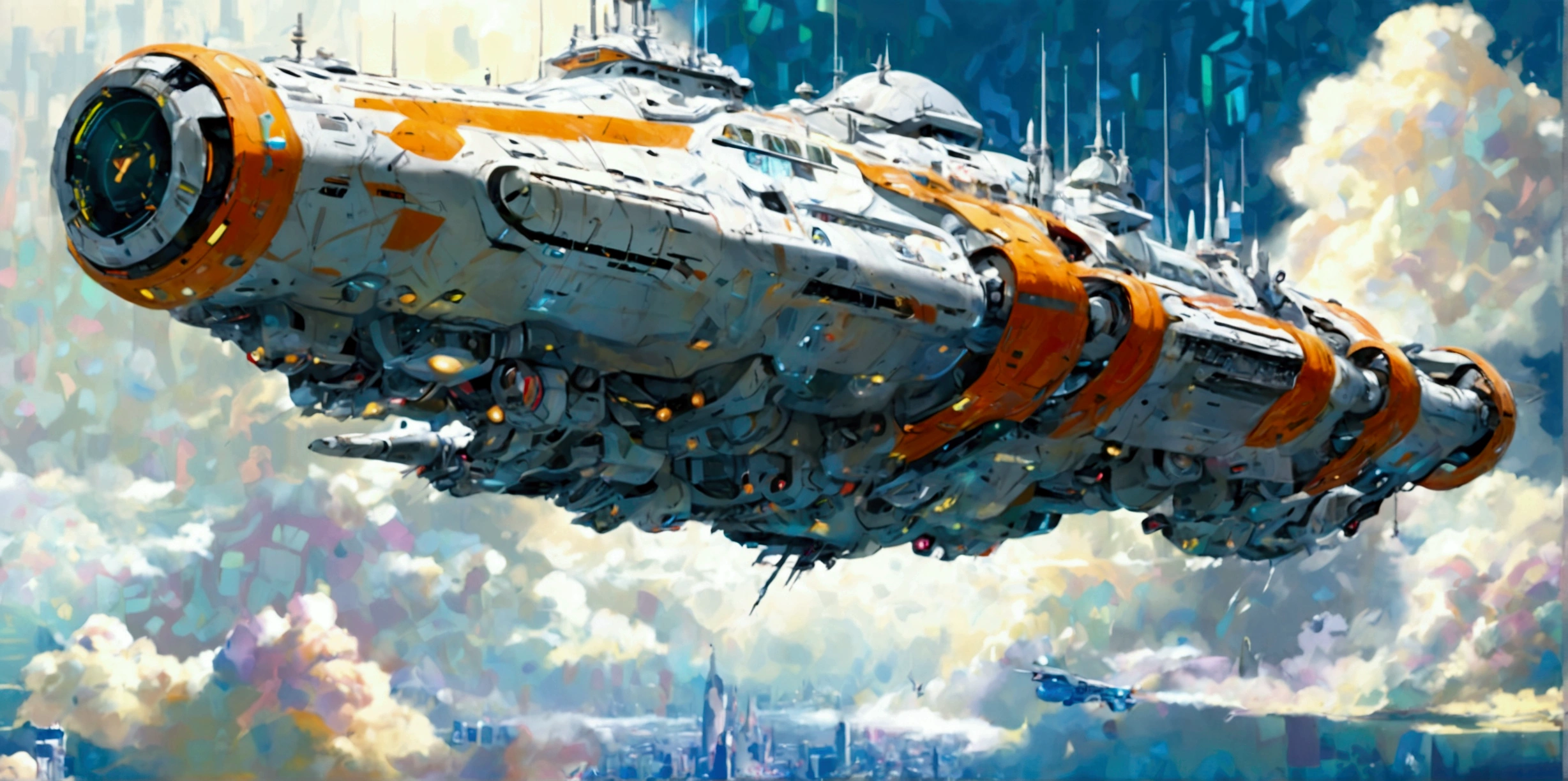 A long wide giant heavily armored divine futuristic flying all terrain biomechanical mothership, covered in rainbow batik pattern and glowing javanese runic symbols, multiple retractable cybernetic spider legs with wheels on the tip, divine halo, flying hovercraft, flying submarine, flying aircraft carrier, flying hotel, flying resort, flying city, flying skyscraper, flying cruise ship, flying yacht, flying castle, flying military base, multiple thrusters, multiple helipad, multiple propeller, mobile headquarters, mobile command center, automatic turrets, missile banks, missile defense system, multi-port rear engine arrays, large pivoted missile pods, anti-air batteries, reactive armour over vital spaces, VTOL thrusters, ventral ground-facing VTOL thruster bays, retractable center cannon, super carrier, sky carrier, space station, floating city, floating castle, white background