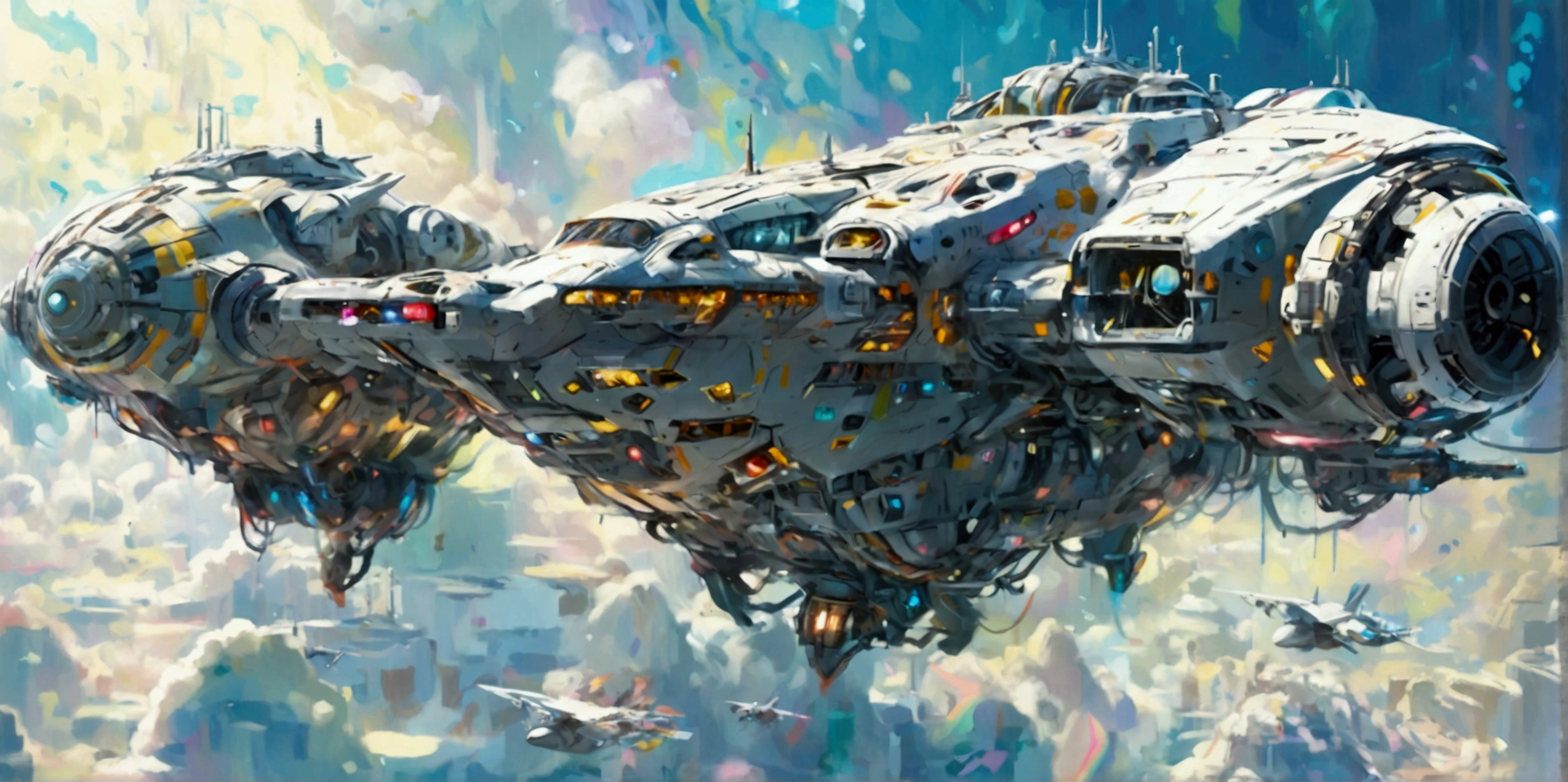 A long wide giant heavily armored divine futuristic flying all terrain biomechanical mothership, covered in rainbow batik pattern and glowing javanese runic symbols, multiple retractable cybernetic spider legs with wheels on the tip, divine halo, flying hovercraft, flying submarine, flying aircraft carrier, flying hotel, flying resort, flying city, flying skyscraper, flying cruise ship, flying yacht, flying castle, flying military base, multiple thrusters, multiple helipad, multiple propeller, mobile headquarters, mobile command center, automatic turrets, missile banks, missile defense system, multi-port rear engine arrays, large pivoted missile pods, anti-air batteries, reactive armour over vital spaces, VTOL thrusters, ventral ground-facing VTOL thruster bays, retractable center cannon, super carrier, sky carrier, space station, floating city, floating castle, white background