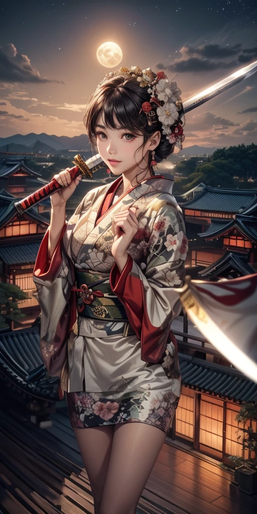 Cinematic Light, Lens flare, Ray Tracing, (Very beautiful face, Beautiful Lips, Beautiful Eyes), Streets of the Warring States Period、Moonlit Midnight、A woman in a gorgeous kimono、Flexible hand movements、Sexy hand gestures、Natural-feeling hand movements、A little more、Slimming the waist、A little more胸を大きく、The background is the roof of a building from the Sengoku period.、The kimono is green、The kimono is dotted with red and white floral patterns.、Holding a Japan sword in his right hand、The blade of the Japanese sword shines in the moonlight.、Smiling gently、The Japanese sword is connected straight over the head、Full moon and stars in the background々is shining、The Japanese sword is connected straight across the face、The blade of the Japanese sword held in the right hand is straight on both sides、The Japanese sword he is holding in his right hand is also shining.