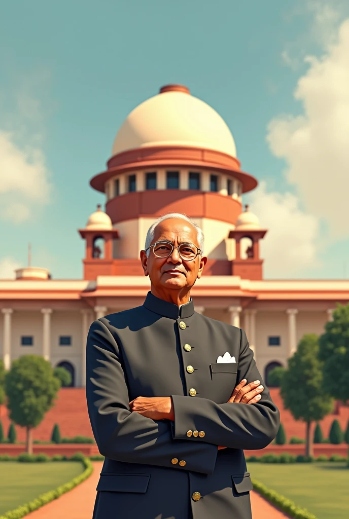 An illustration of Rajendra Prasad, the first President of India, with the Indian Parliament building in the background, emphasizing his role as the first President. Include text: 'Question 1: Who was the first President of India?'"