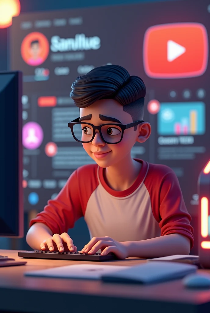 Create a 3D illustration featuring a realistic 2 beautiful Indian realistic boy busy Developing software in front of a 3D logo of “YouTube” The boy wearing Red & white casual Shirts, with glasses , Undercut hair style, The background of the image should showcase a social media profile page and the username “YOUTUBE ” and a matching profile picture and modify it according to your perspective.