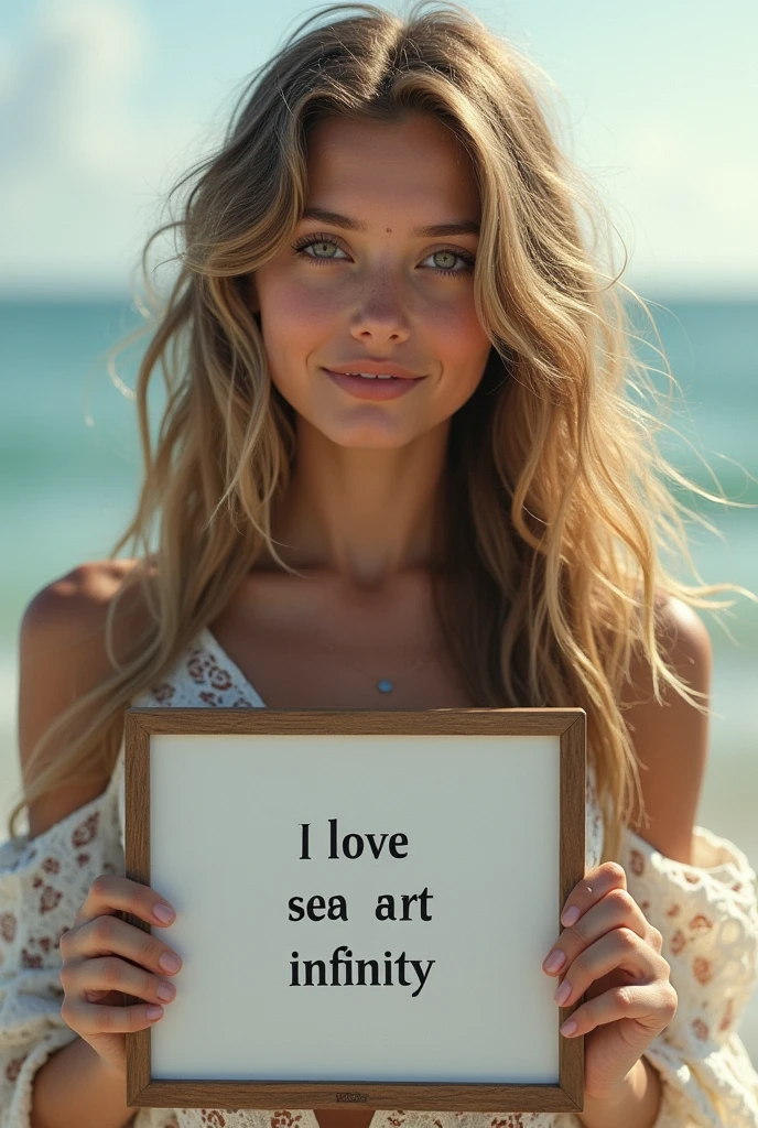 Beautiful girl with wavy long hair, bohemian dress, holding a white board with text "I Love Seaart Infinity" and showing it to the viewer