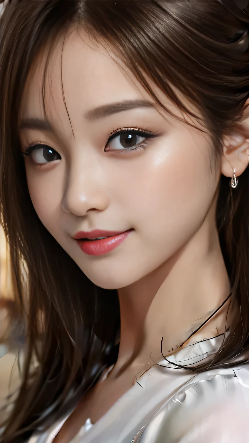 (8k, Highest quality, Genuine、 Ultra-high resolution:1.5),Beautiful Japanese Woman, ((Cute Smile)),(Updo), (big collar shirt), Profile of a person peering into the photo, Close-up shot of face、