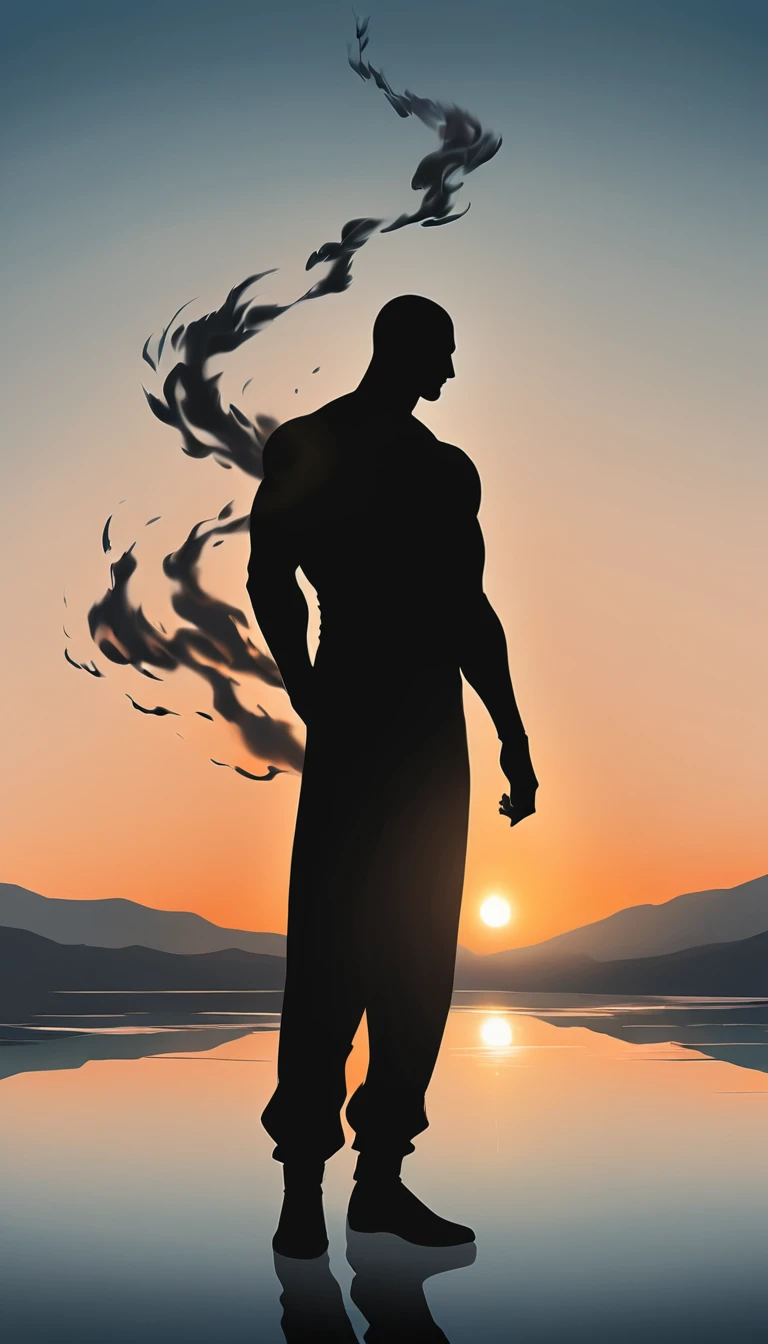 A Strong Buddhist muscular man stands in the smoke, loneliness, Black jumpsuit, Very tight, Silhouette effect, Tall muscular man, Priapus, Dark Black, Dark black skin, Buzz Cut, His muscles are very developed, Very tall, short hair, Blend into the smoke, Lake, Reflection, Sunset, Sunset, Man silhouette, Chinese, black and white, Simple style