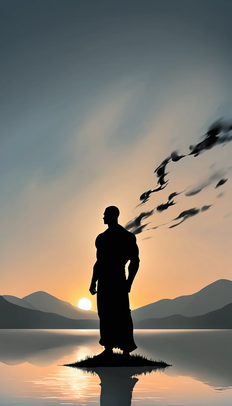 A Strong Buddhist muscular man stands in the smoke, loneliness, Black jumpsuit, Very tight, Silhouette effect, Tall muscular man, Priapus, Dark Black, Dark black skin, Buzz Cut, His muscles are very developed, Very tall, short hair, Blend into the smoke, Lake, Reflection, Sunset, Sunset, Man silhouette, Chinese, black and white, Simple style