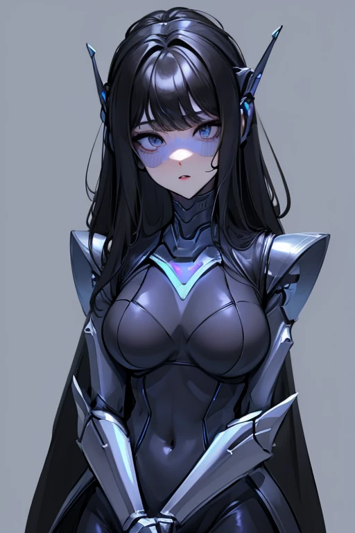 empty eyes,robotization,woman ,big bust,Robot Joint ,Metal skin,Black Suit,long hair,a black suit that covers the whole body,robot legs,robot arm,robot suit,robot face