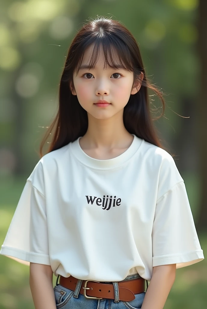girl，Real photography,Natural light,((best quality、8k、masterpiece:1.3))、Ultra-high resolution、(photorealistic:1.4)，Wearing a white T-shirt，brown belt，The clothes say &quot;weijie&quot;