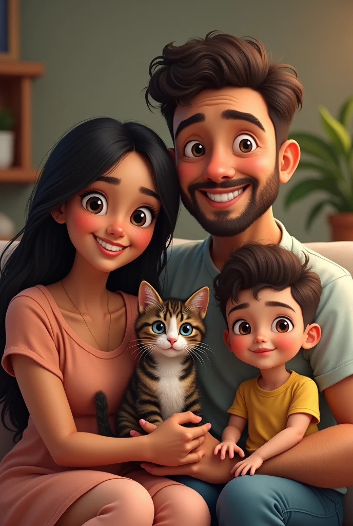 Generates an image of a family of 5 members, The mom, The Dad, A girl, a boy and a cat.
Mother; 160 cm apart, White skin, very long black straight hair, big glasses, big nose, large eyes, thick build (not fat) but very curvy (Colombian type), big butt.
The father; skinny, 170cm tall, White skin, he doesn't wear glasses, Short but slightly long dark brown curly hair combed from left to right, skinny build and quite muscular at the same time, wear a mustache and beard without them coming together.
The girl: female about 3 months, light brown hair, big nose, ojos grises y White skin (quite pink at times).
the boy, He is also a 3-month-old male child, and a little darker. (just a little), He usually uses a pacifier and has straight black hair that stands up like a porcupine.. They also have a tortoiseshell-colored kitten. . I want this whole family to be very happy.