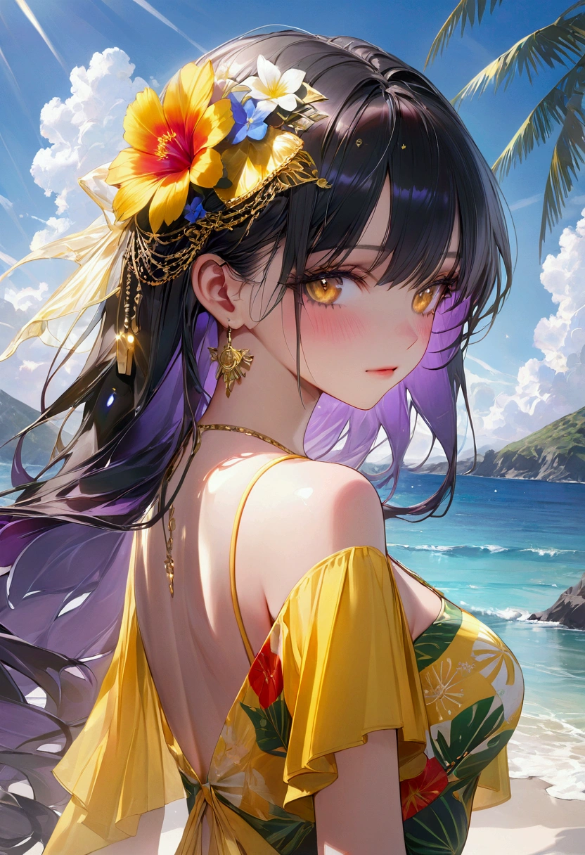 Long smooth straight black hair, inner colored dark-purple hair, golden eyes,summer themed clothes, masterpiece, super detail, best quality, 8k,semi-realistic