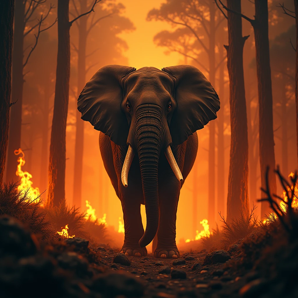 Elephant in a burning forest