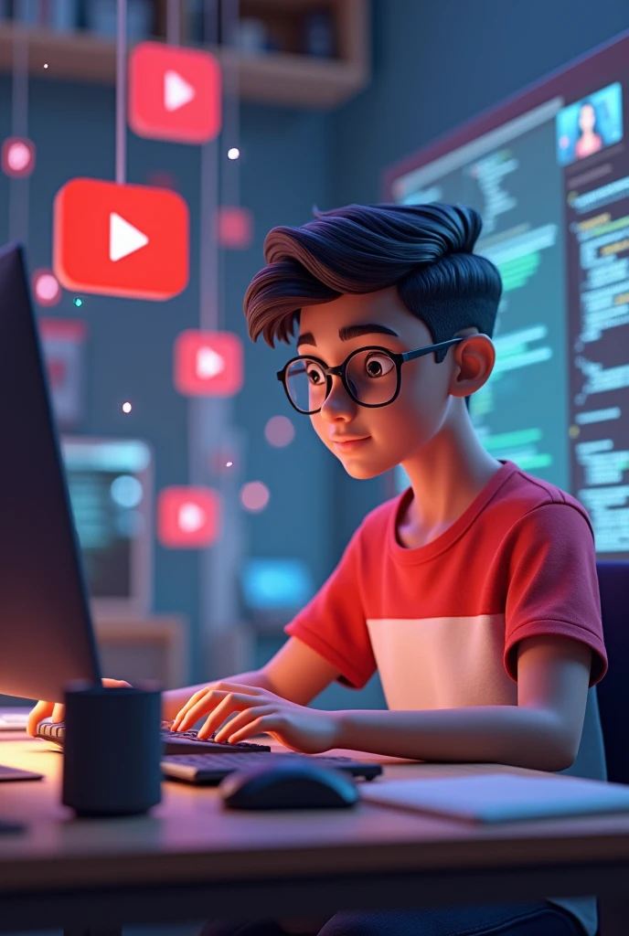 Create a 3D illustration featuring a realistic 2 beautiful Indian realistic boy busy Developing software in front of a 3D logo of “YouTube” The boy wearing Red & white casual Shirts, with glasses , Undercut hair style, The background of the image should showcase a social media profile page and the username “YOUTUBE ” and a matching profile picture and modify it according to your perspective.