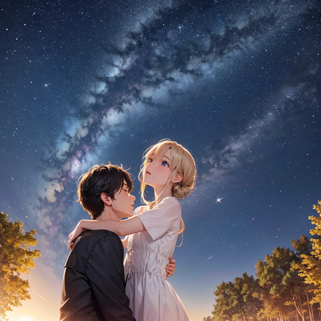 under the sterry sky two lover watching the star and meteor 