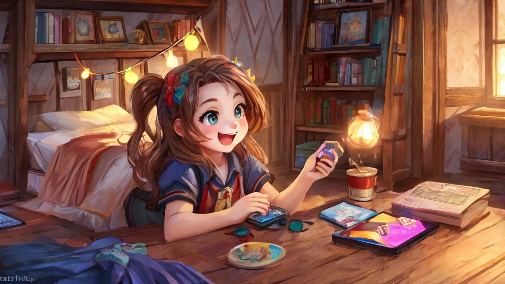 cheerful young girl plays games on ps