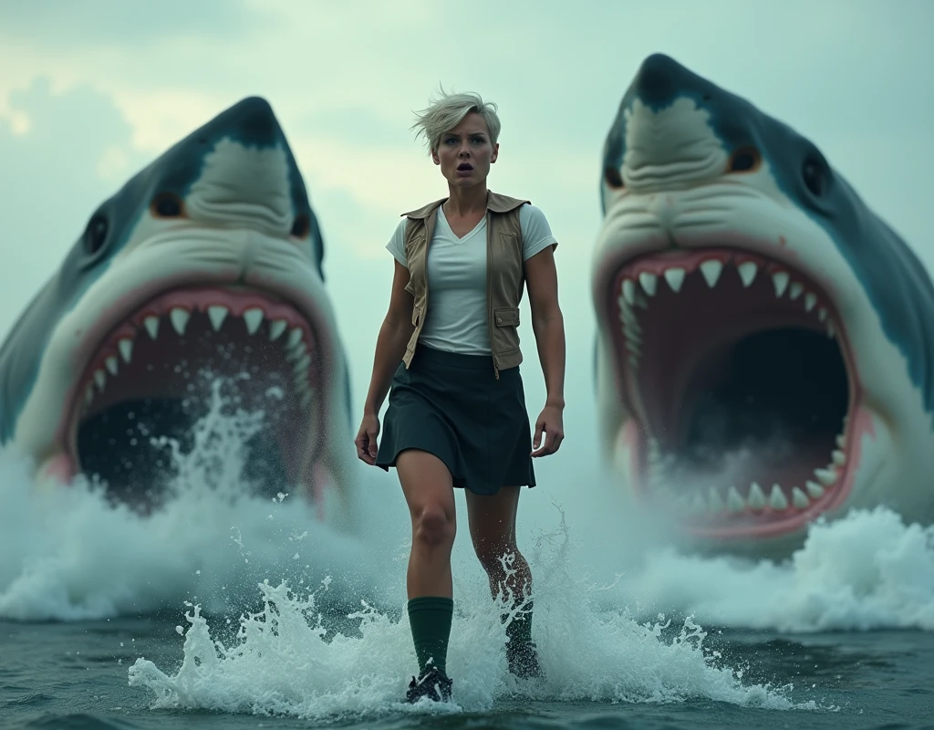 ((Highest quality)), ((photograph)), ((Sea surface)), (One person), (Face of fear), (Women like bodybuilders), (Giant Jaws Storm), Off-white short-sleeved shirt with light brown vest、A muscular man with a bodybuilder-like build wearing a knee-length black skirt, dark green socks and black shoes.々Short-haired woman、A video of a man desperately swimming away from a large number of giant great white sharks.、Sea surfaceの画像、