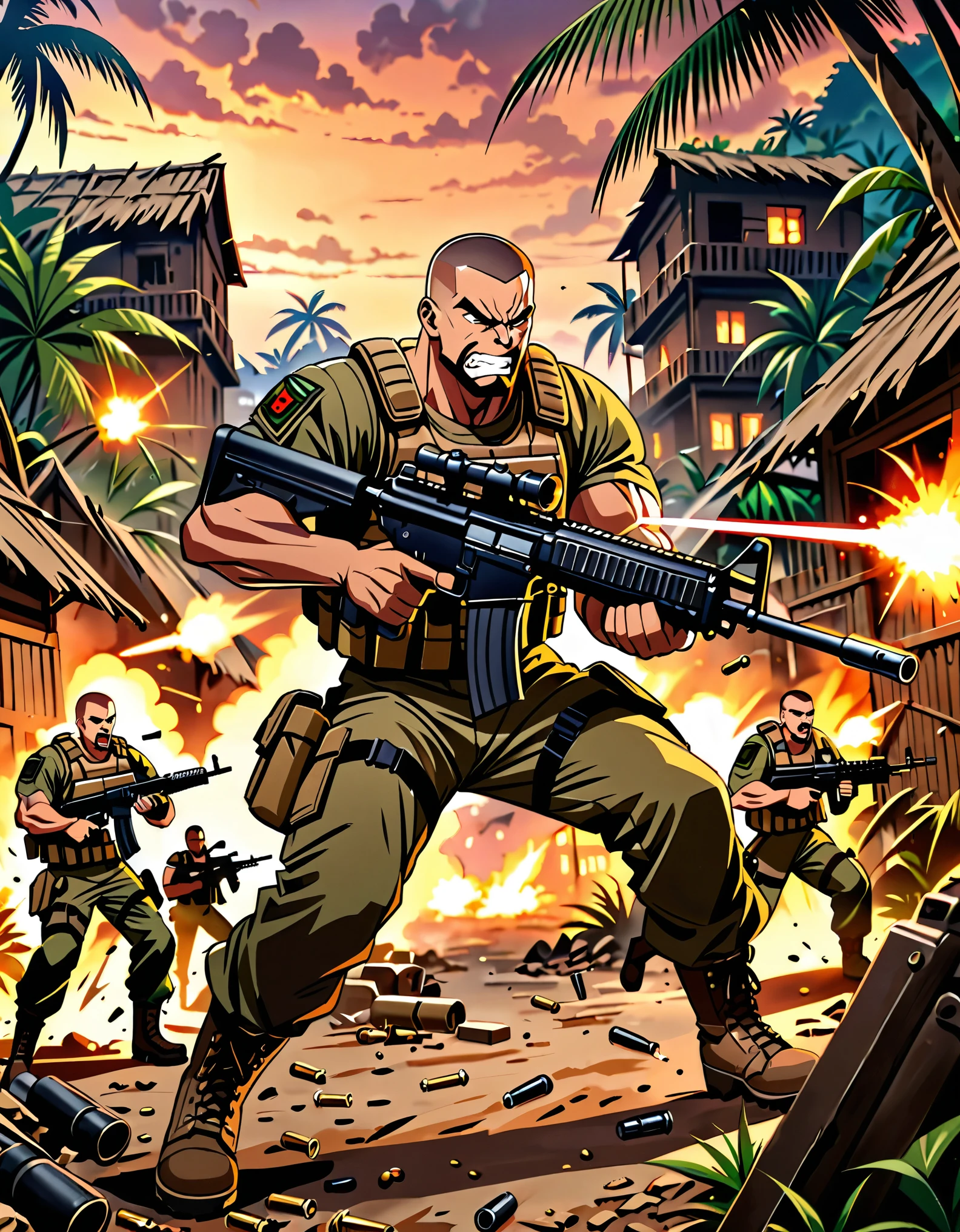 (masterpiece), (best quality), (hires), muscular mercenary, firing machine gun, assault rifle, shell casings, brown hair, brown eyes, crew cut, spiky hair, facial hair, angry, clenched teeth, jungle village, dusk, war zone background, tactical gear, combat boots, dynamic action pose, standing, gritty atmosphere.