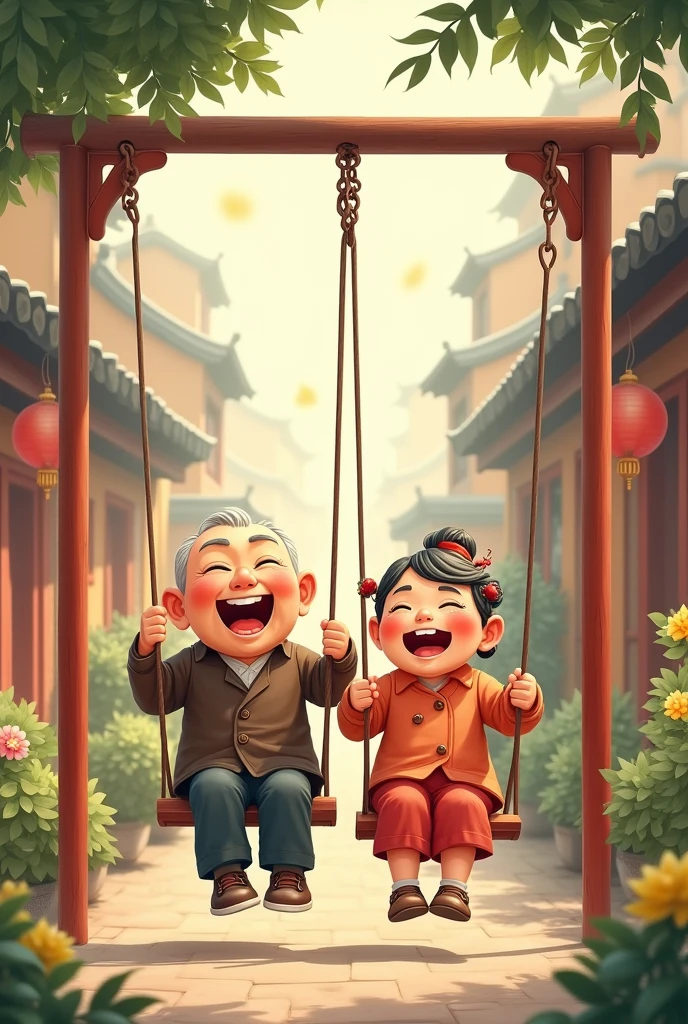 Chinese old couple in cute cantoon playing swings
