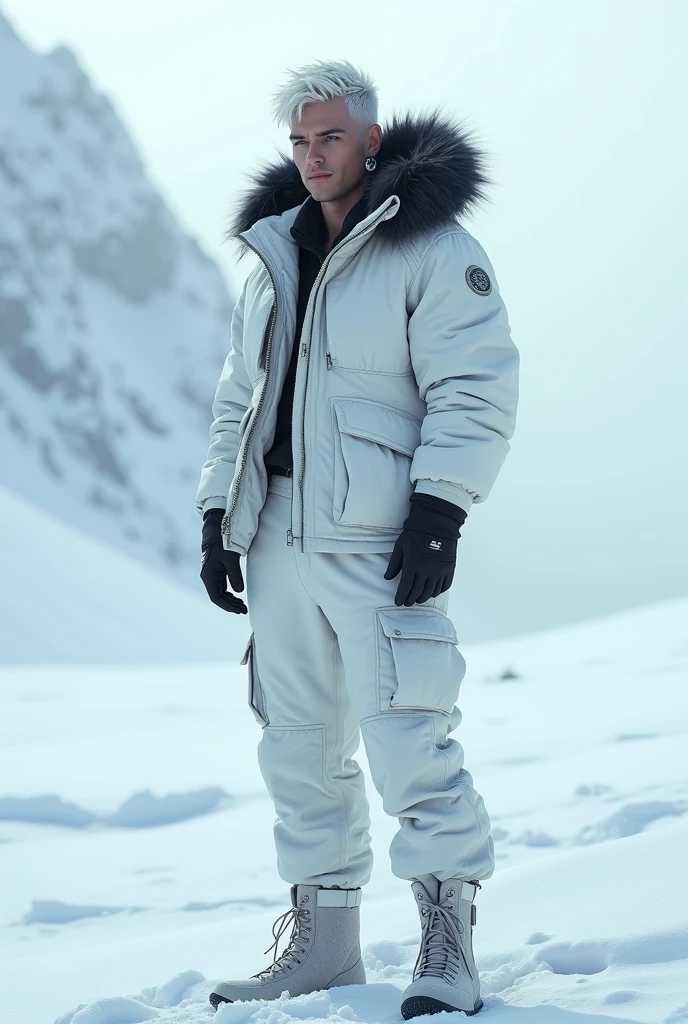alone, male, standing, white winter jacket, white cargo pants, Black fur around hood, white hair, black earrings, blue eyes, 18, fit, best quality