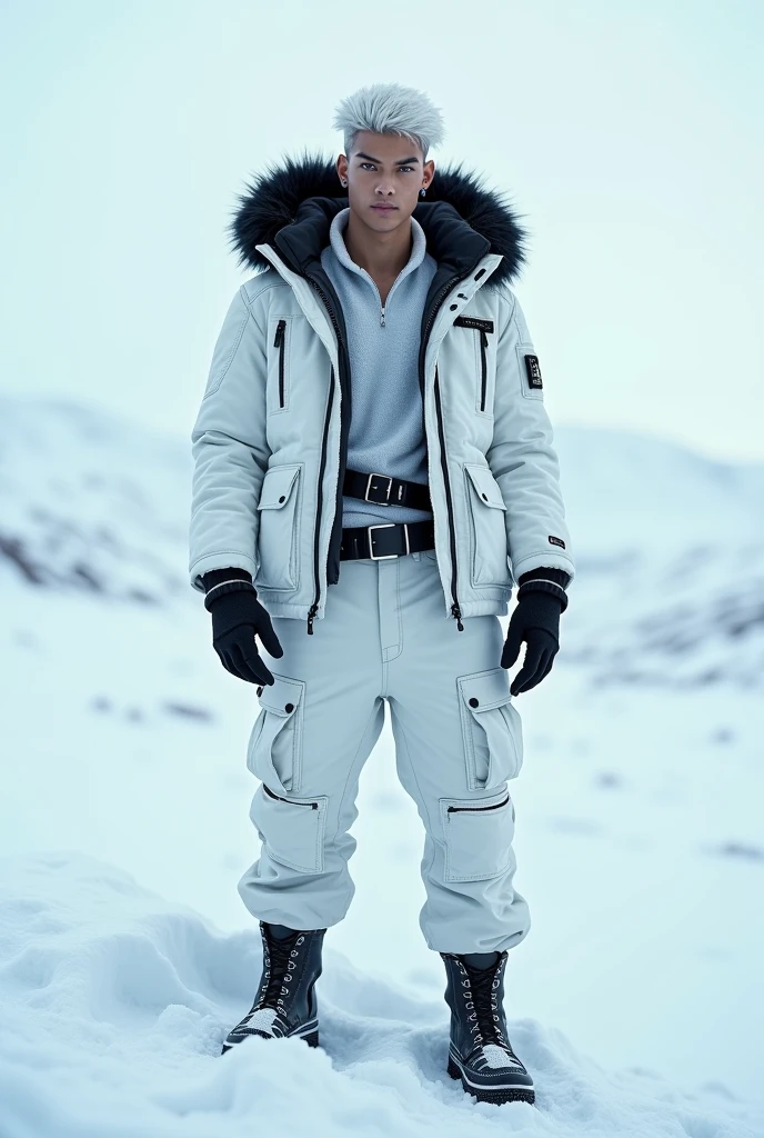 alone, male, standing, white winter jacket, white cargo pants, Black fur around hood, white hair, black earrings, blue eyes, 18, fit, best quality