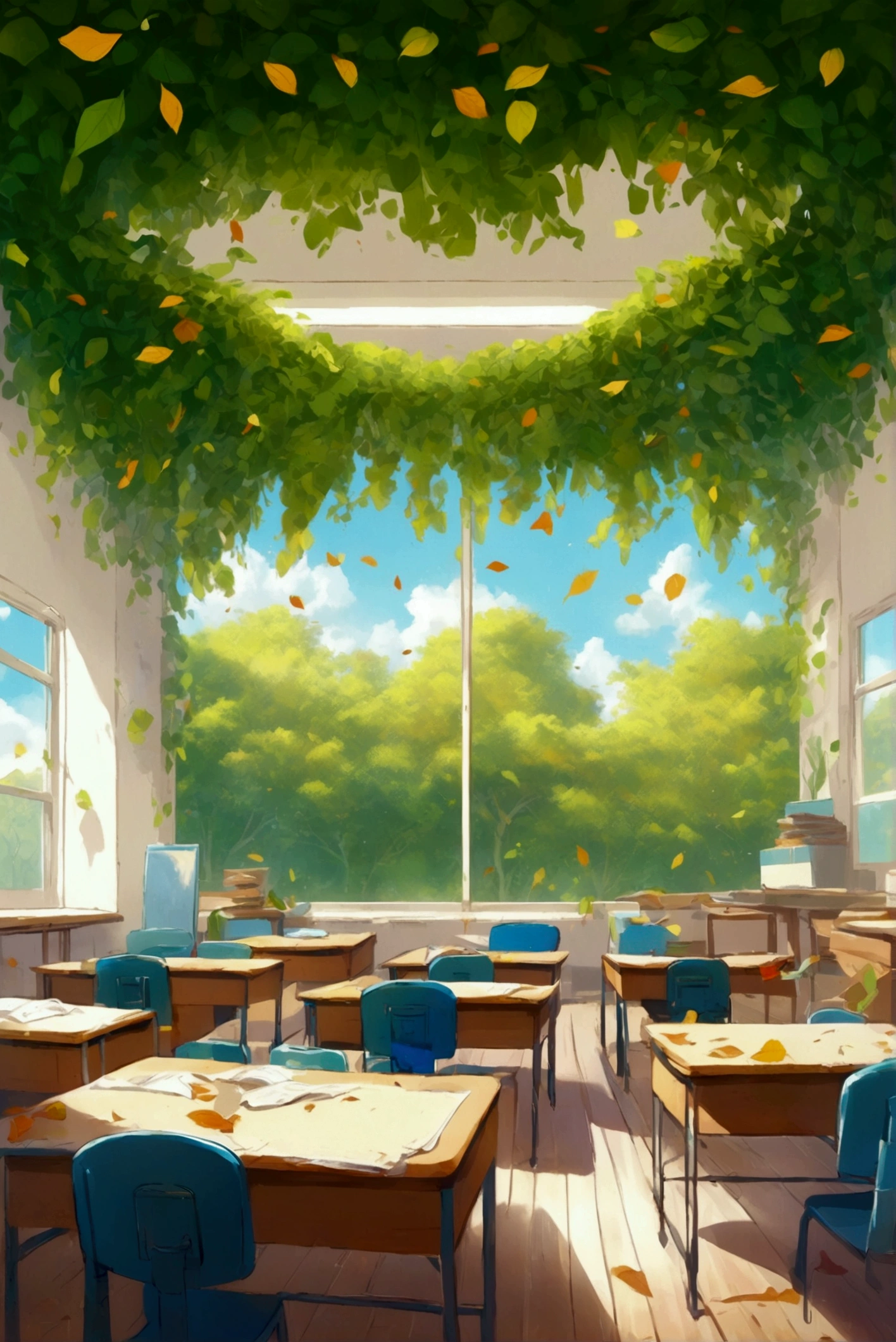 The classroom is filled with sunlight, and the desk in front of me has several school desks. White curtains flutter outside the window, with a blue sky and green trees. Leaves are falling on the desk. The scene is drawn in the style of cartoons, anime, and illustrations. It has a high resolution with bright colors, high details, and high quality. The full body shot is drawn in the style of 2D game art with highlights.