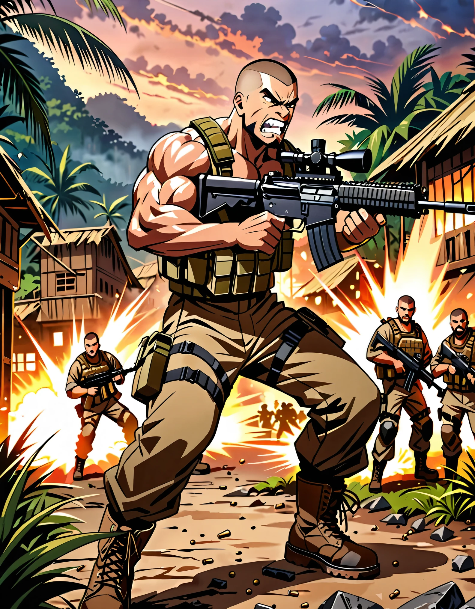 (masterpiece), (best quality), (hires), muscular mercenary, firing machine gun, assault rifle, shell casings, brown hair, brown eyes, crew cut, spiky hair, facial hair, angry, clenched teeth, jungle village, dusk, war zone background, tactical gear, combat boots, dynamic action pose, standing, gritty atmosphere.