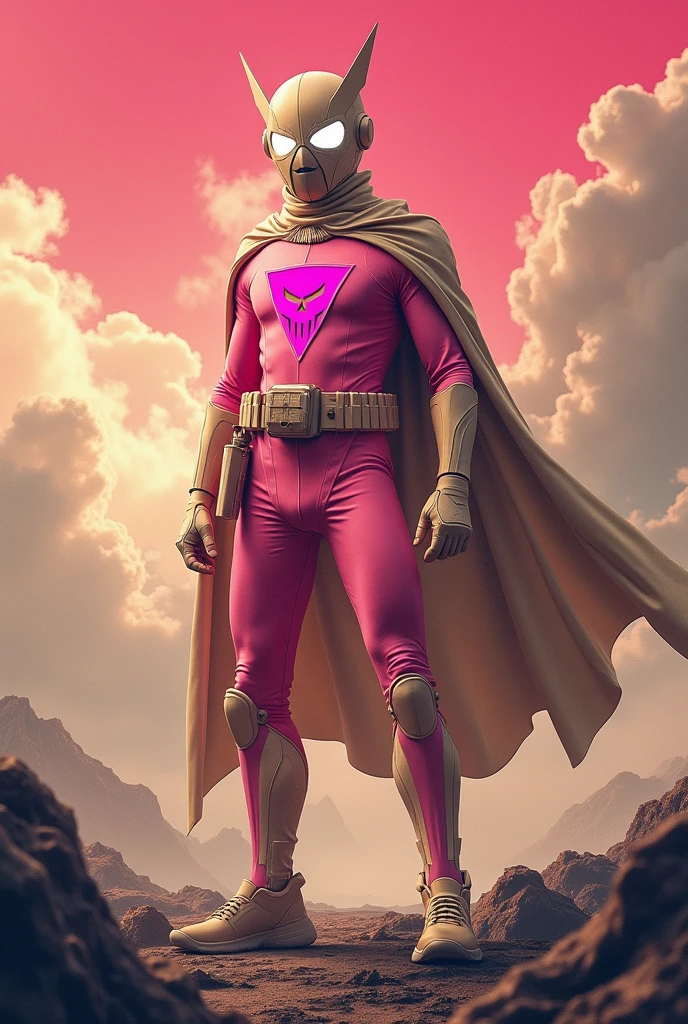 high-tech suit, posterize effects, malaysian superhero (KELUANG MAN) in a striking pink and biege costume stands confidently in a dramatic, stormy landscape. The character wears domino mask beige a helmet beige with pointed ears beige and a flowing cape beige color. Pink jumpsuit cyberpunk concept.. Equipped with beige visible futuristic weapons on a belt,((white eyes)) they exude a powerful presence against a backdrop of swirling clouds and a red hue sky.((Scale honeycomb hero concept))The ground is uneven and rocky, adding to the intense atmosphere. Triangle shape logo on chest. Logo punisher on chest pink color.. --ar 3:4 --style raw --stylize 500 --v 6.1. red pink and beige costume. 