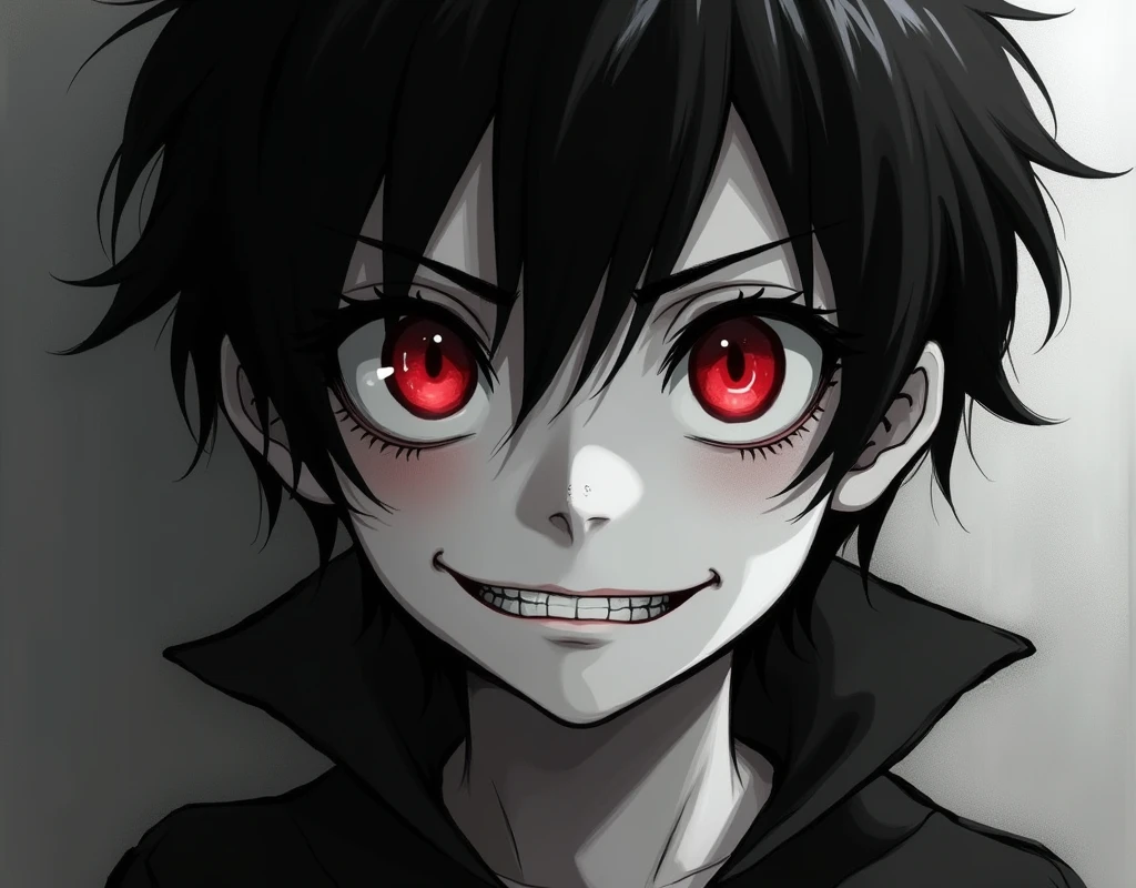Black and white creepy anime boy with black sclera and red pupil and a creepy smirk
