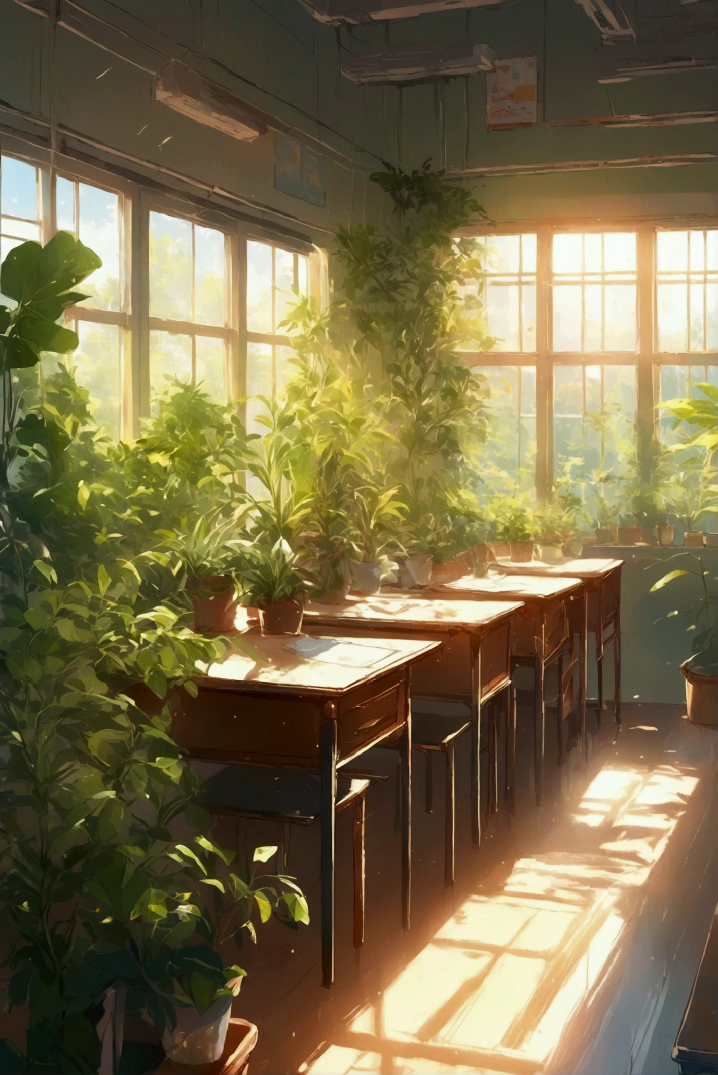 A school classroom with green plants and sunlight shining through the windows, a desk in front of it, anime style, high resolution, high quality, high detail, anime aesthetic, realistic, anime art, anime style, high details, anime, anime composition, anime style, anime illustration, anime aesthetic,