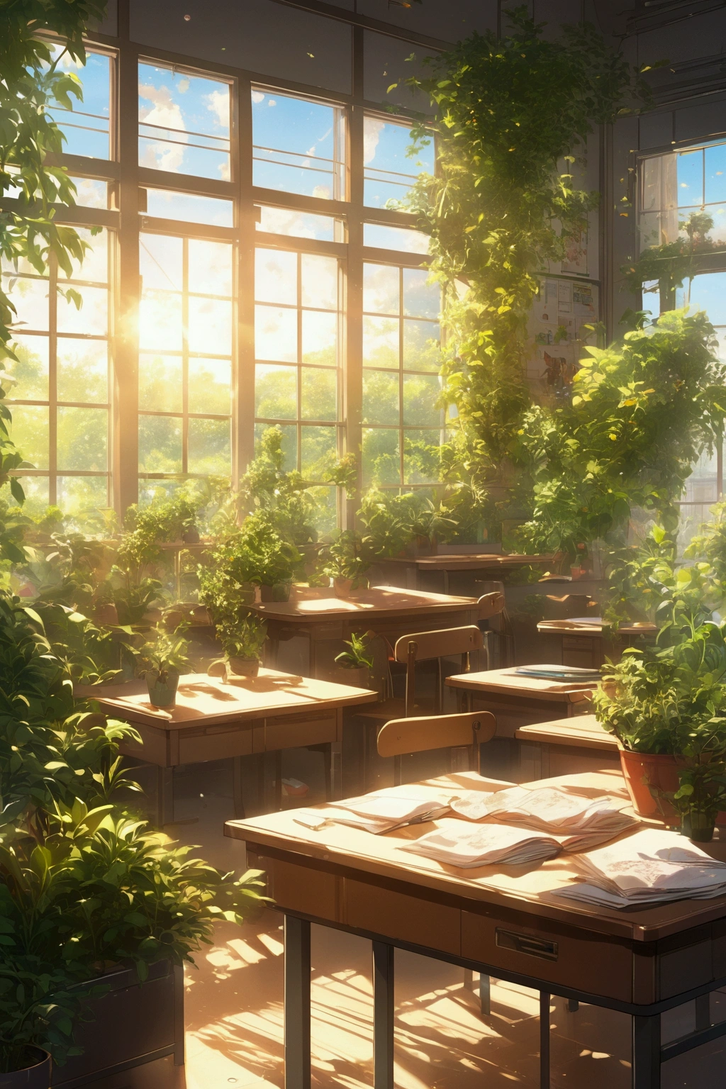 A school classroom with green plants and sunlight shining through the windows, a desk in front of it, anime style, high resolution, high quality, high detail, anime aesthetic, realistic, anime art, anime style, high details, anime, anime composition, anime style, anime illustration, anime aesthetic,