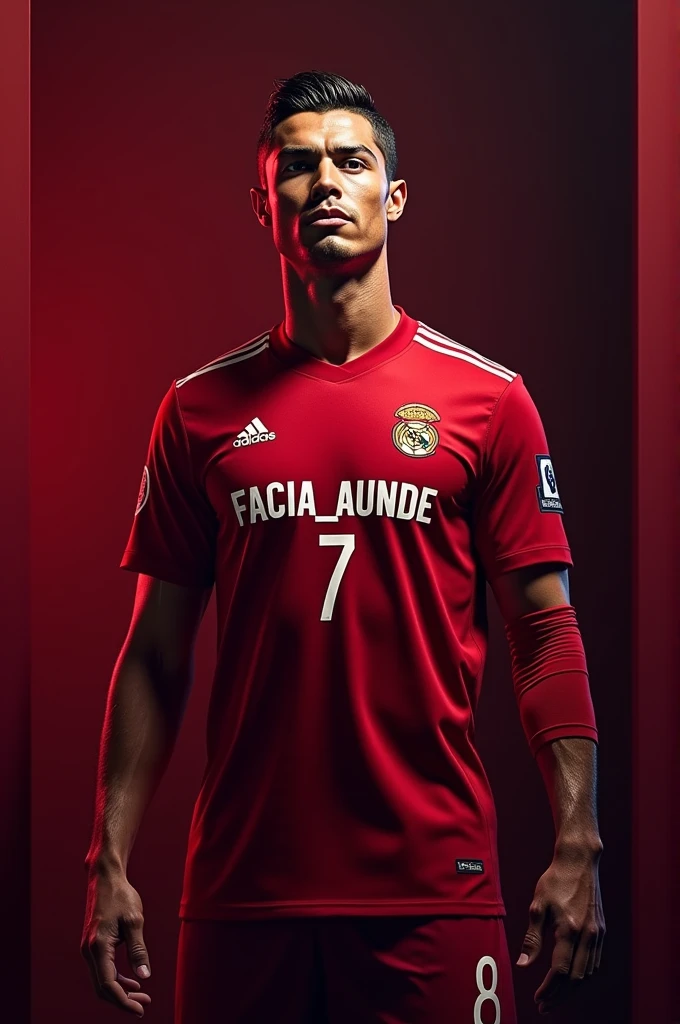 Make a ronaldo photo with red wine shirt with a name of FACIA_AUNDE SHIRT NO 7 and give a background that match with red wine colour