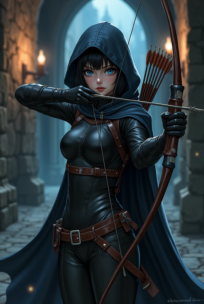 The spy girl, combat bow, Quiver of arrows behind your back, leather armor, Leather corset, gloves, Hood, Leather belt, Blue eyes, anime, dark corridor of the castle, Middle Ages, intrigue