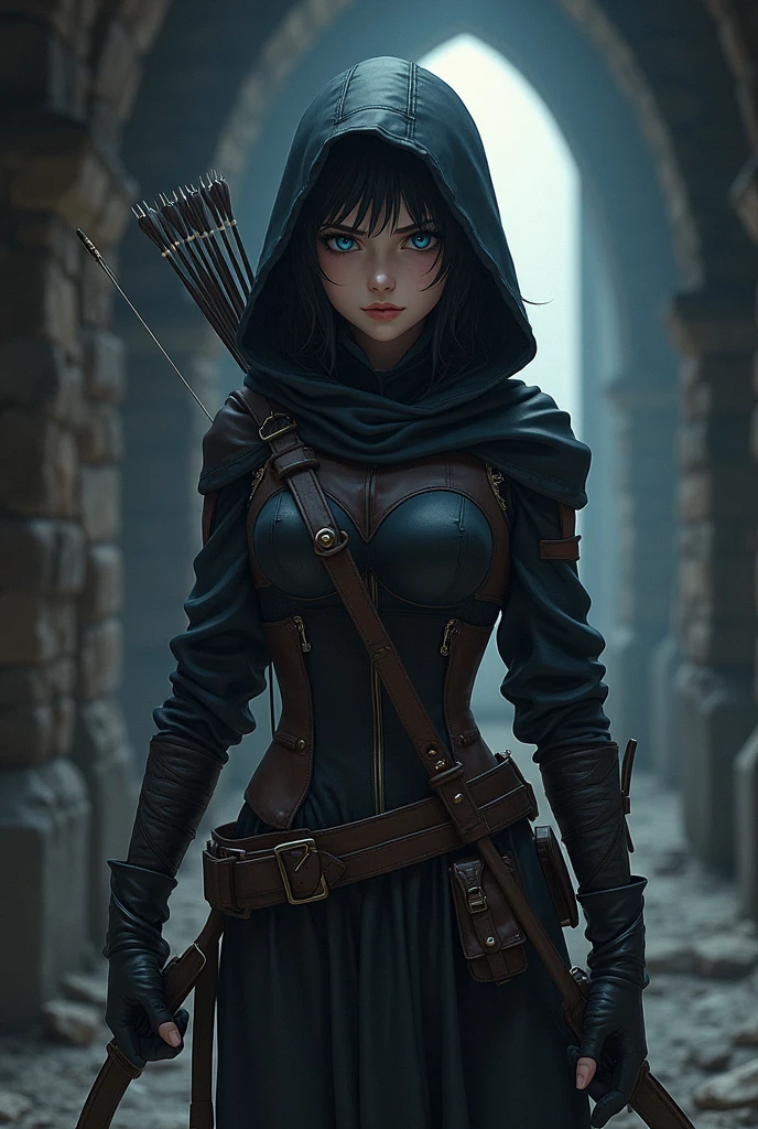 The spy girl, combat bow, Quiver of arrows behind your back, leather armor, Leather corset, gloves, Hood, Leather belt, Blue eyes, anime, dark corridor of the castle, Middle Ages, intrigue