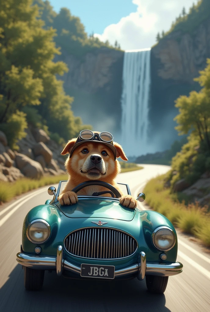 Dog drive car in road and waterfall