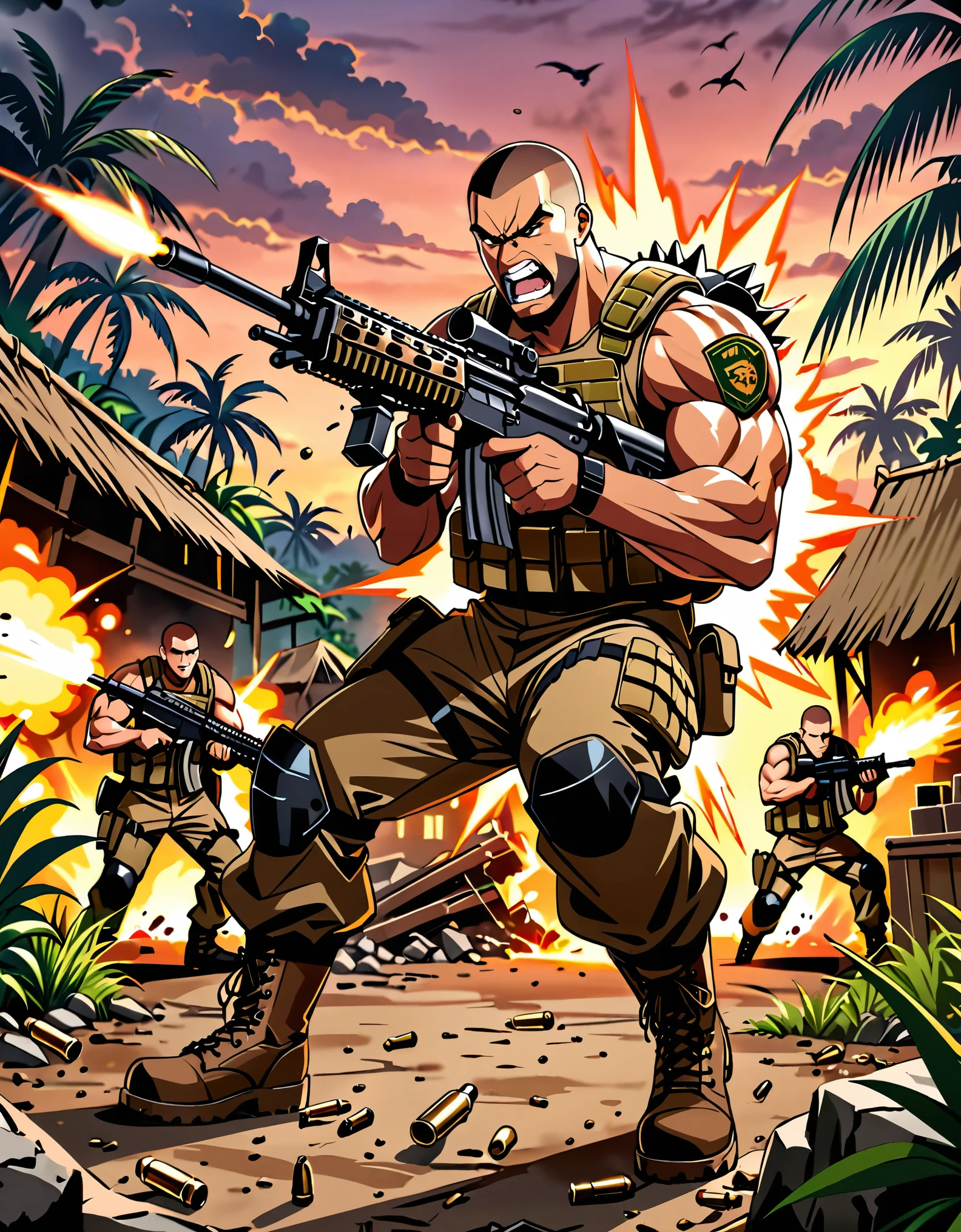 (masterpiece), (best quality), (hires), muscular mercenary, firing machine gun, assault rifle, shell casings, brown hair, brown eyes, crew cut, spiky hair, facial hair, angry, clenched teeth, jungle village, dusk, war zone background, tactical gear, combat boots, dynamic action pose, standing, gritty atmosphere.