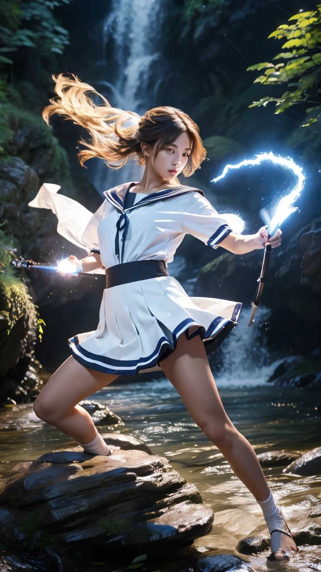 (Ultra HD, Highest quality, High resolution, Surreal, so beautiful), 24000dpi, (Holding the Japan sword, Bidirectional, Electric shock), Charge Move, Special Move Stance, All-in-one, dance, Beautiful woman, Long Tail, Well-formed eyes, greatest visual acuity, 1, Fascinating, Totally American, Perfect body, Physical Beauty, (Sailor suit, mini skirt),whole body