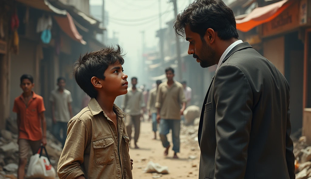 A poor boy looking at Rich man with the hope of help. But the rich man avoids eye contact with the boy and going away. Indian.