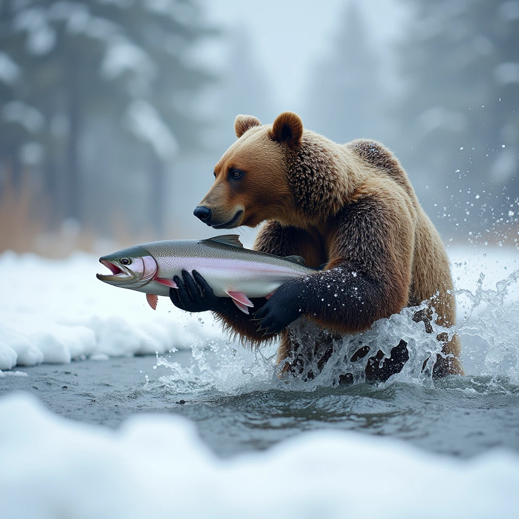 snow, a bear hunts a salmon,