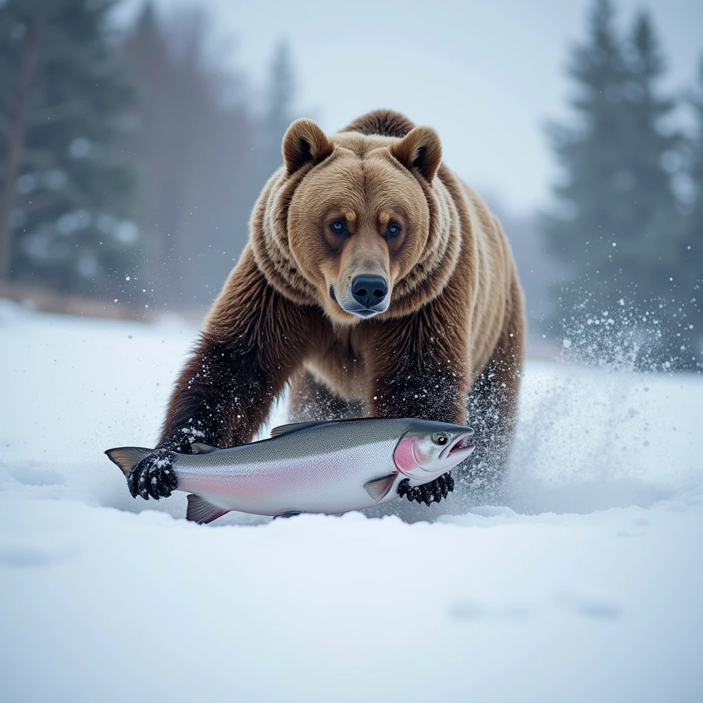 snow, a bear hunts a salmon,