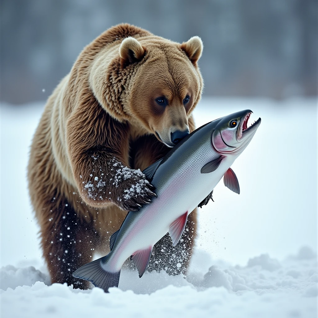 snow, a bear hunts a salmon,