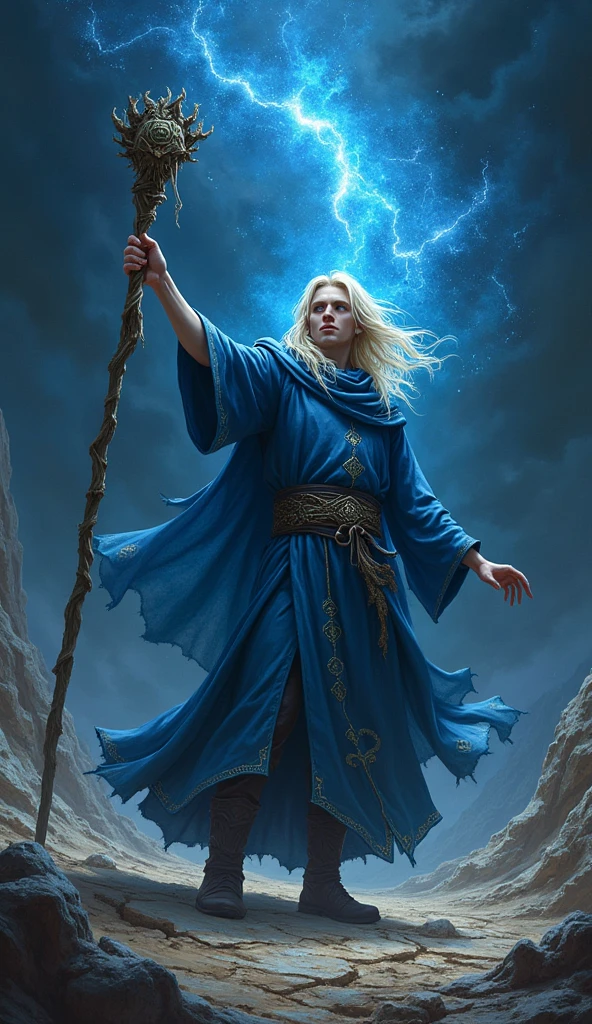 A young platinum blonde, long-haired male wizard。Wearing a blue robe、Slamming the ground with an ancient staff、cause an earthquake。The background is night